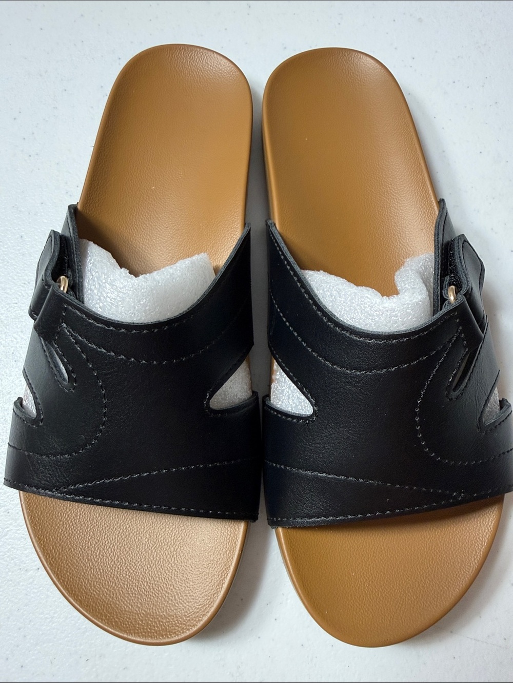 Classic Black Slide Sandals with Tan Footbed